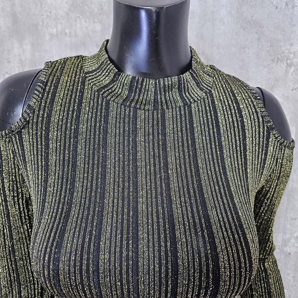 Dream Bandits S Tell Me Gold Metallic Stripe‎ Cold Shoulder Bodysuit Mock Neck - Picture 3 of 12